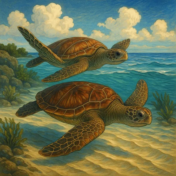 This vibrant illustration depicts two sea turtles gracefully swimming over a sandy seabed.