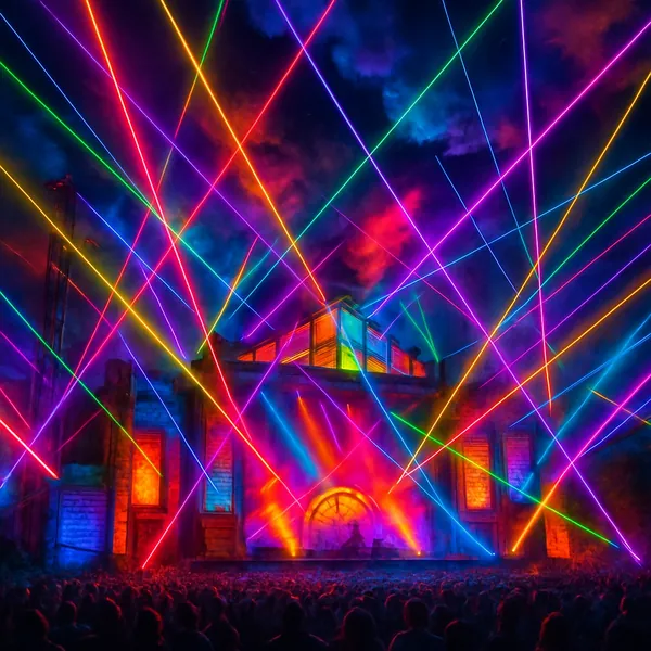 This image captures a dynamic concert stage illuminated with a stunning array of colorful lights and laser beams.