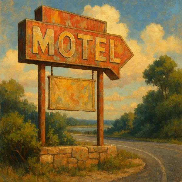 This image captures a sun-faded motel sign standing by a curving road, evoking a sense of nostalgia and travel.
