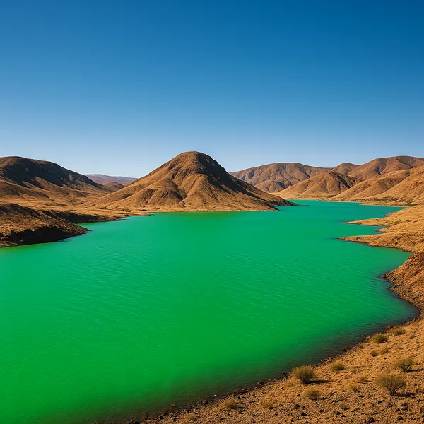 Enjoy assembling a puzzle depicting a striking emerald-green lake winding through sun-baked, ochre hills under a clear blue sky.