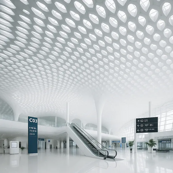 Discover a puzzle with a serene, modern airport interior featuring a sweeping white hall, a rhythmic honeycomb ceiling, and sleek escalators leading to bright,