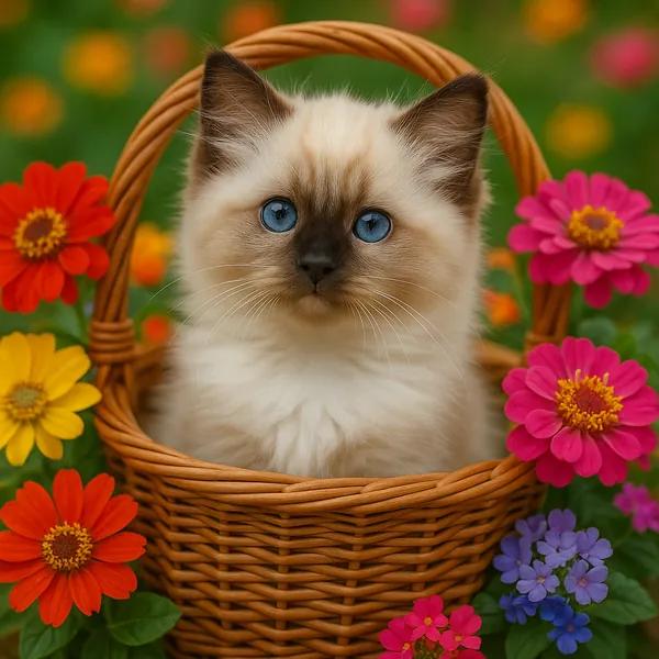 Discover a puzzle with an adorable fluffy kitten sitting inside a woven wicker basket, its striking blue eyes and cream-and-brown fur framed by bright zinnias a